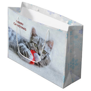 Bolsa De Regalo Grande Gato de grisáceo lindo con Navidades Gorras navida