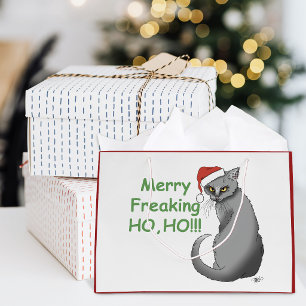 Bolsa De Regalo Grande Gato Gris Divertido Gruñón Navidad Humor Festivo