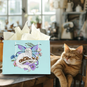 Bolsa De Regalo Grande Gato Hada Caprichoso Blanco Hongo Azul Fantasía