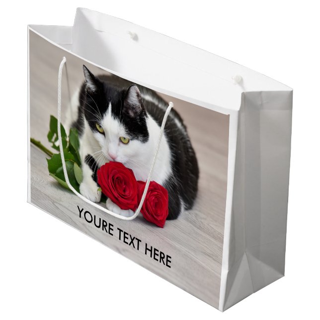 Bolsa De Regalo Grande Gato lindo con el rosa rojo (Angulo Anverso)