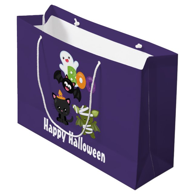 Bolsa De Regalo Grande Gato, murciélago, momia y fantasma de Halloween (Angulo Anverso)