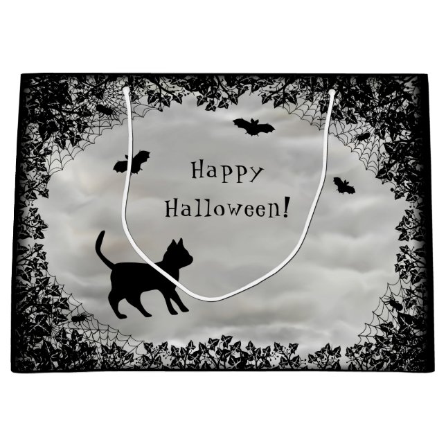 Bolsa De Regalo Grande Gato negro con murciélago, ¡Feliz Halloween! (Anverso)