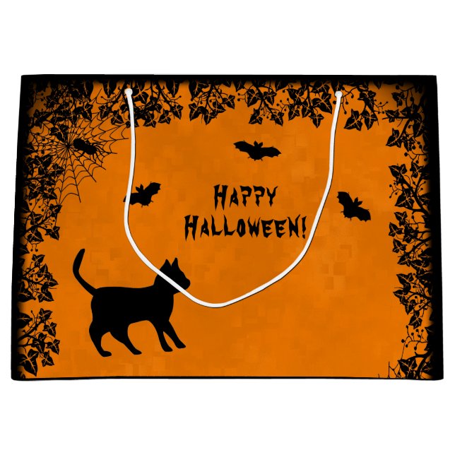 Bolsa De Regalo Grande Gato negro con murciélago, ¡Feliz Halloween! (Anverso)