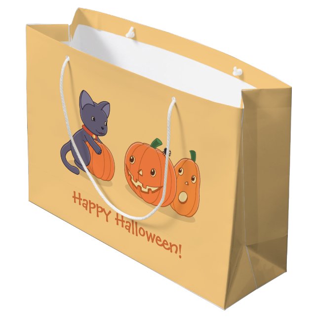 Bolsa De Regalo Grande Gato negro de Halloween y calabazas en Naranja (Angulo reverso)