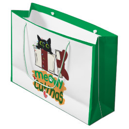 Bolsa De Regalo Grande Gato negro de Santa Claus enredado en luces de árb