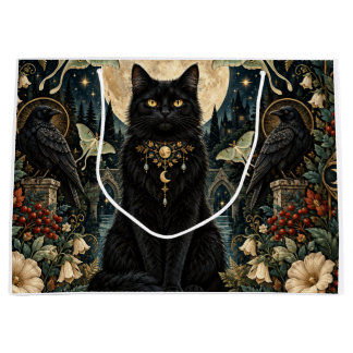Bolsa De Regalo Grande Gato Negro Gótico Celestial con Luna y Cuervos.