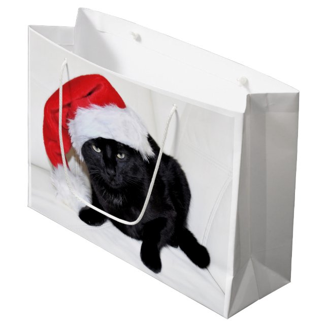 Bolsa De Regalo Grande Gato negro lindo con el gorra de Santa (Angulo Anverso)