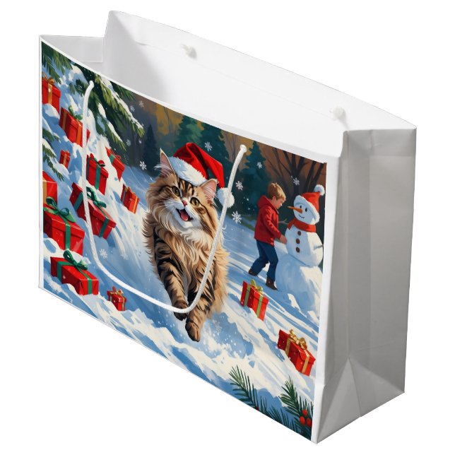 Bolsa De Regalo Grande Gato persa sentado en nieve con Gorra Navidad (Angulo Anverso)