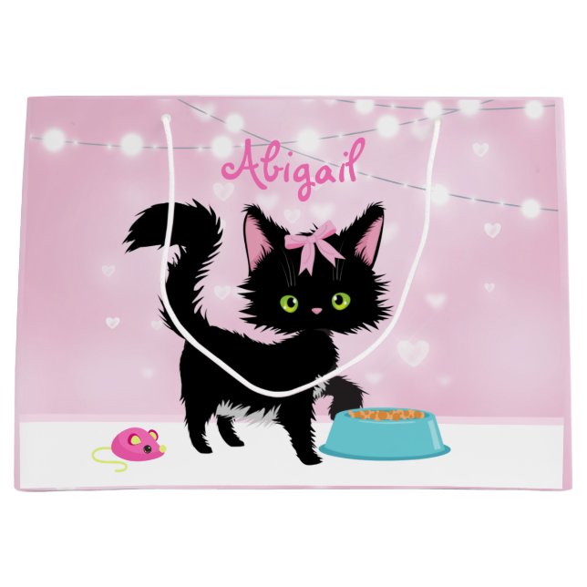 Bolsa De Regalo Grande Gato personalizado rosa y gitano blanco gatito (Anverso)