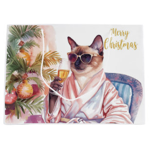 Bolsa De Regalo Grande Gato siamés Glam Navidad  bebiendo champán 