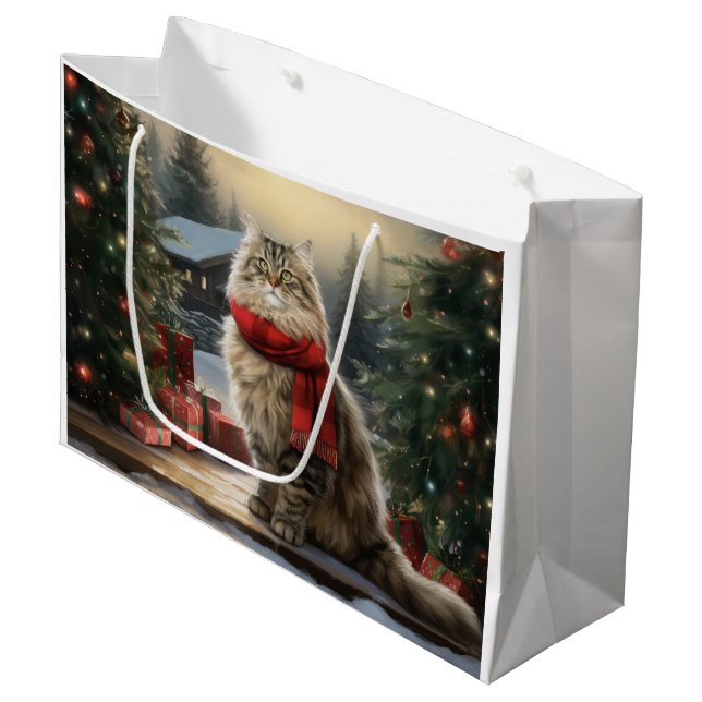 Bolsa De Regalo Grande Gato siberiano en Navidades de nieve (Angulo Anverso)