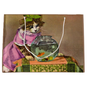 Bolsa De Regalo Grande gato vestido y tazón de pescado