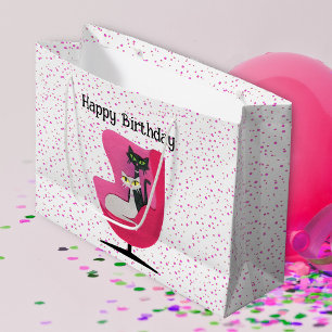 Bolsa De Regalo Grande Gatos de cumpleaños de mediados de siglo con punto