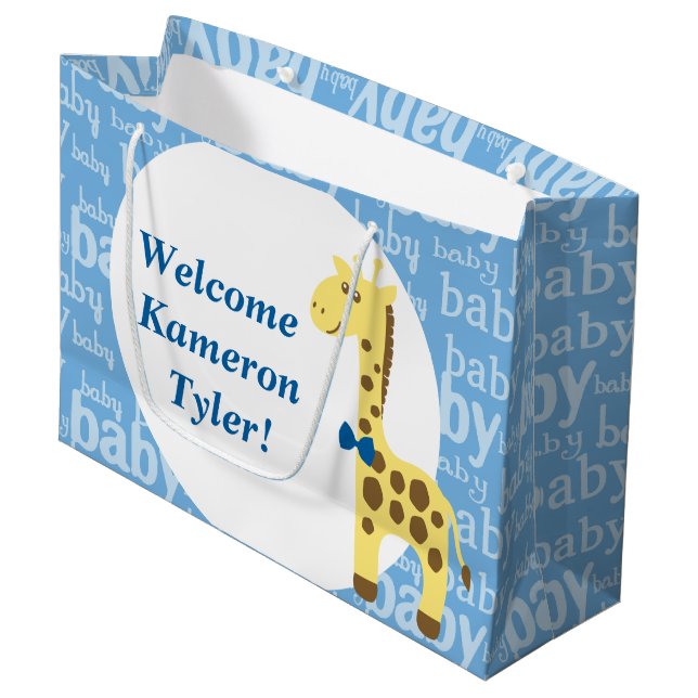 Bolsa De Regalo Grande Giraffe en Baby Shower azul para niño (Angulo Anverso)