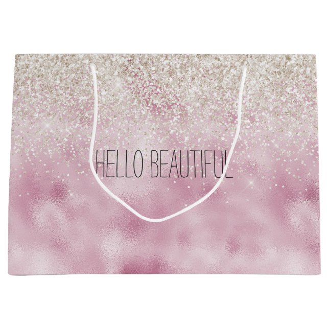 Bolsa De Regalo Grande Girly Glam Pink White Purpurina Sparkle (Anverso)