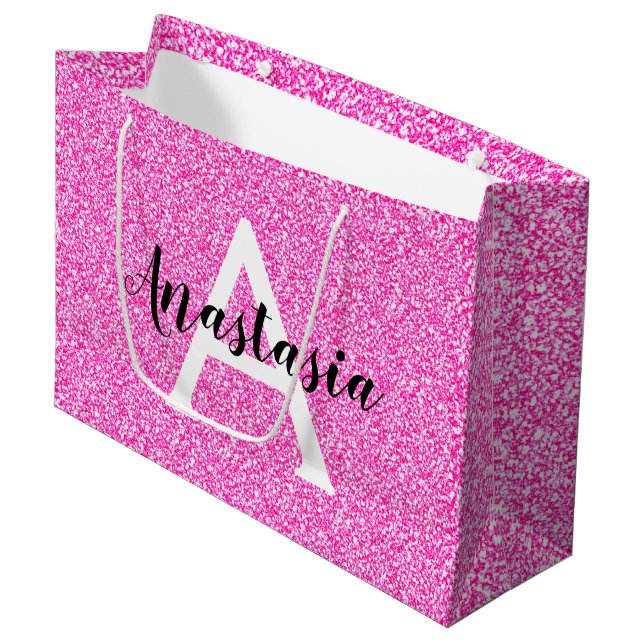 Bolsa De Regalo Grande Girly Glam Purpurina rosa caliente Esparkles Monog (Angulo Anverso)