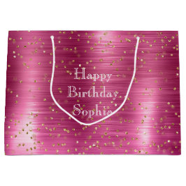 Bolsa De Regalo Grande Girly Pink Glam Gold Sparkle Confetti Cumpleaños