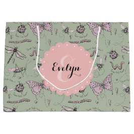 Bolsa De Regalo Grande Girly Rubor Pink & Sage Sweet Little Critter Name