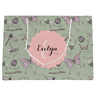 Bolsa De Regalo Grande Girly Rubor Pink & Sage Sweet Little Critter Name