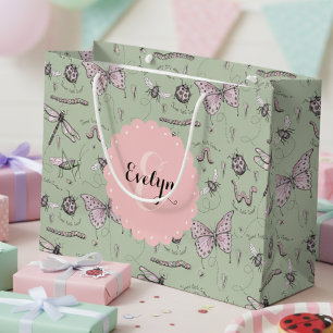 Bolsa De Regalo Grande Girly Rubor Pink & Sage Sweet Little Critter Name