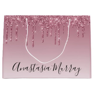 Bolsa De Regalo Grande Girly y Glam Rosa Morado Purpurinas de oro Nombre