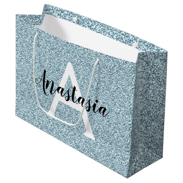 Bolsa De Regalo Grande Glam Blue Silver Purpurina Esparkles Monograma Nom (Angulo Anverso)