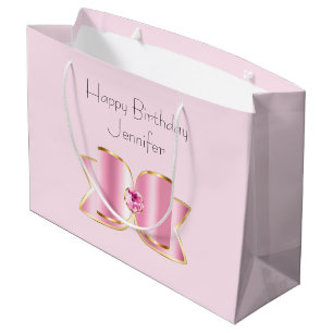 Bolsa De Regalo Grande Glam Bow rosado con cumpleaños central de Gemstone