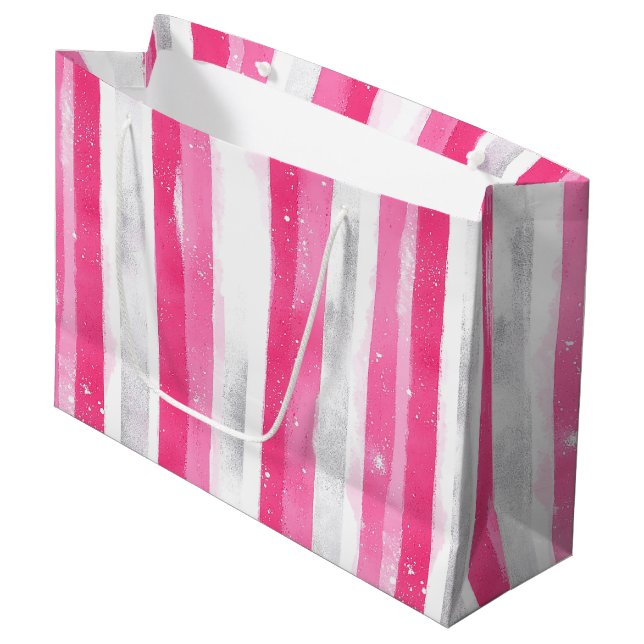 Bolsa De Regalo Grande Glam de Plata Rosa Abstract Stripes Cumpleaños (Angulo Anverso)