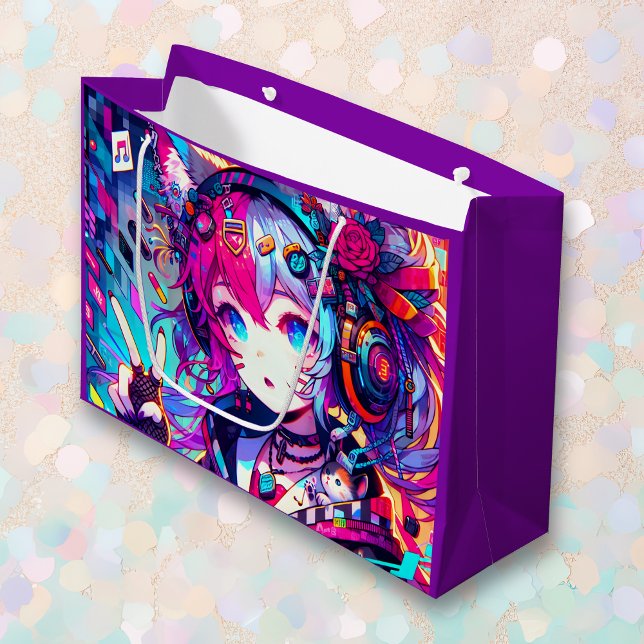 Bolsa De Regalo Grande Glitchcore Colorful Anime Chica Artwork Cumpleaños (Subido por el creador)