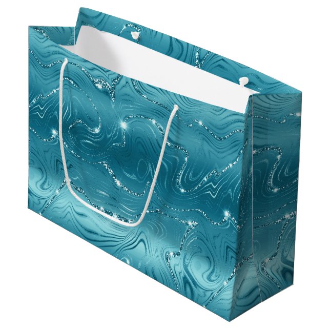 Bolsa De Regalo Grande Glitzy Aqua Azul Turquesa Cumpleaños con Brillo (Angulo Anverso)