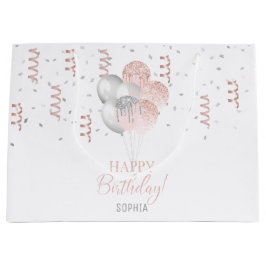 Bolsa De Regalo Grande Globos de cumpleaños rosa y plata