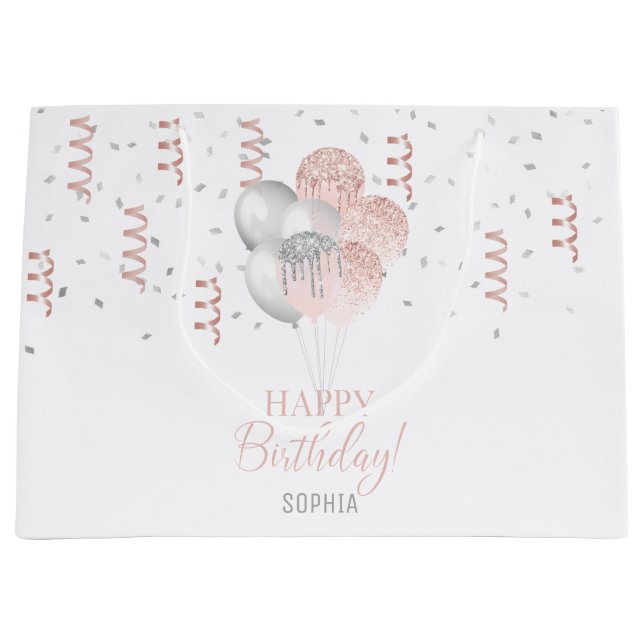 Bolsa De Regalo Grande Globos de cumpleaños rosa y plata (Anverso)