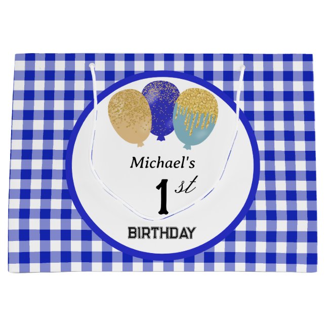 Bolsa De Regalo Grande Globos Fiestas de Blue Gingham y Blue Purpurina (Anverso)