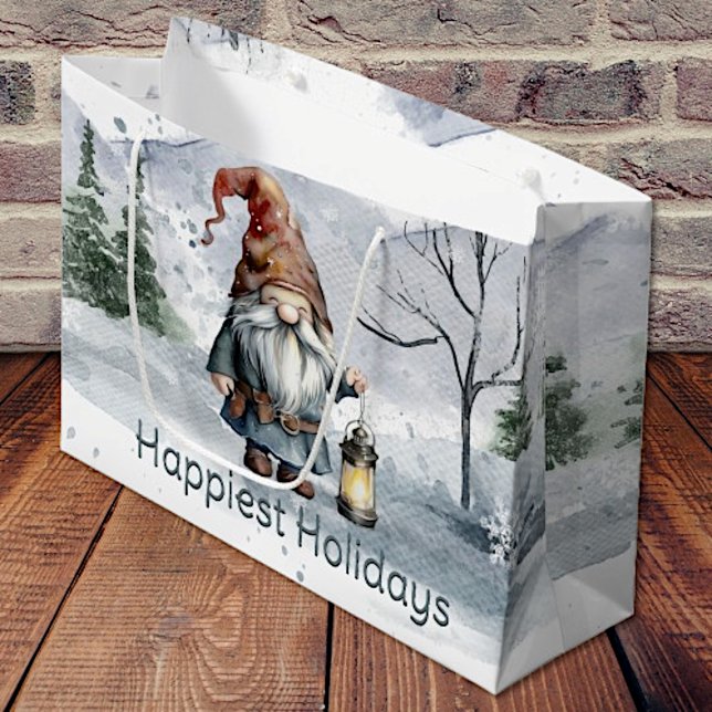 Bolsa De Regalo Grande Gnome de Navidades de invierno acuarela (Watercolor Winter Christmas Gnome Gift Bag)