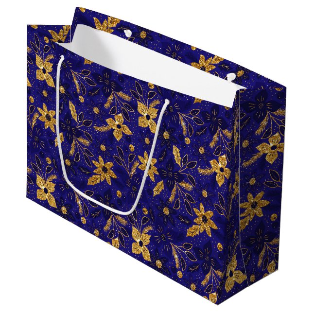 Bolsa De Regalo Grande Gold and Blue Christmas Poinsettia Flowers (Angulo Anverso)