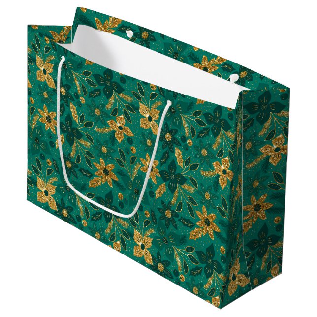 Bolsa De Regalo Grande Gold and Green Christmas Poinsettia Flowers (Angulo Anverso)
