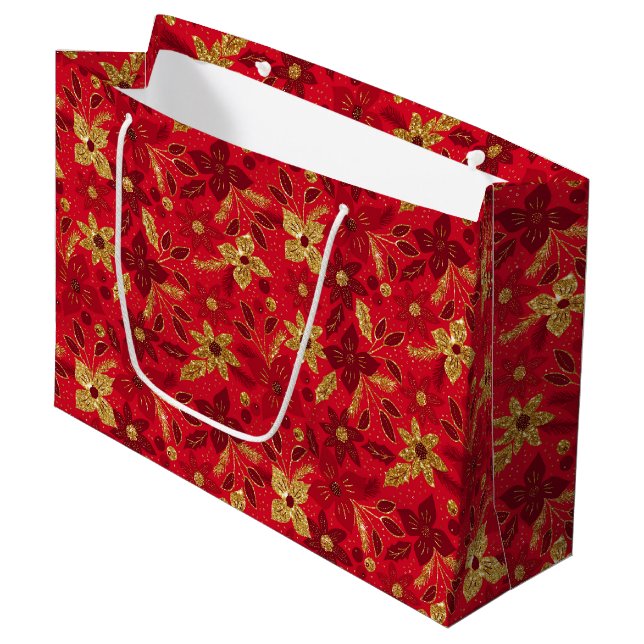 Bolsa De Regalo Grande Gold and Red Christmas Poinsettia Flowers (Angulo Anverso)