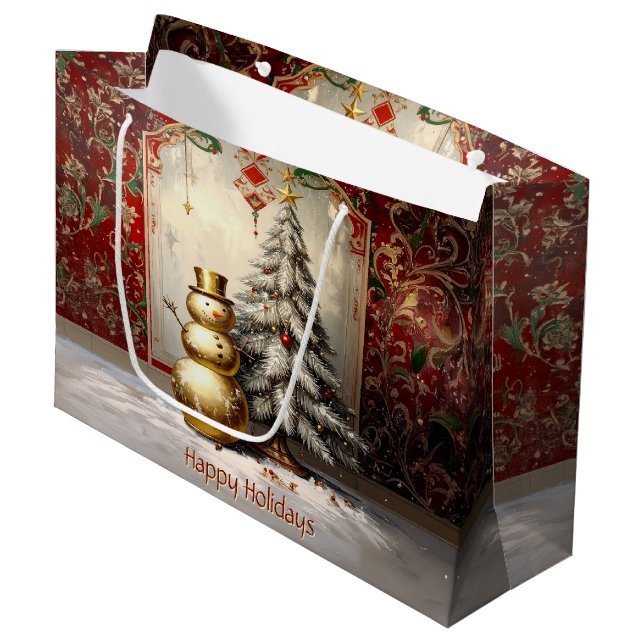Bolsa De Regalo Grande Gold Snowman Christmas Tree Holiday Gift Bag (Angulo Anverso)