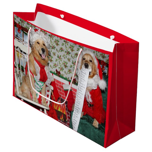 Bolsa De Regalo Grande Golden retriever Santa y señora Claus (Angulo Anverso)