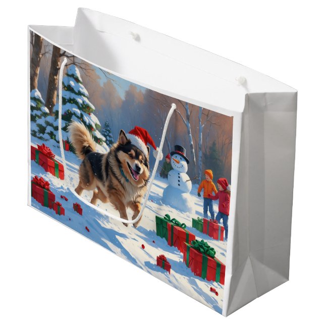 Bolsa De Regalo Grande Gorra finlandés de Lapphund en ejecución de nieve  (Angulo Anverso)