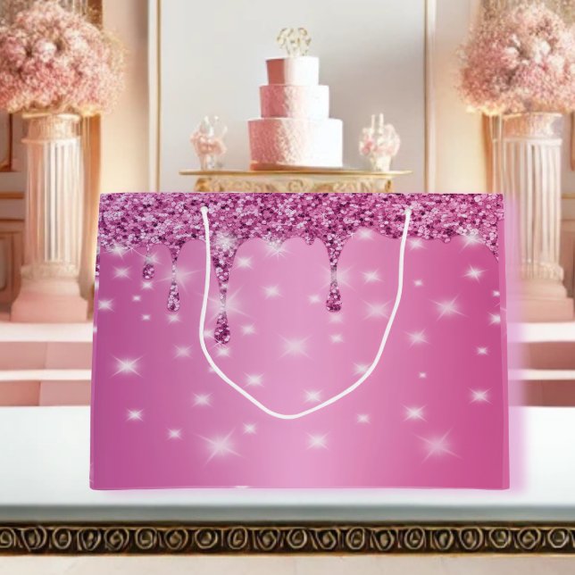 Bolsa De Regalo Grande Goteo de Brillo Rosa Elegante (Elegant Hot Pink Glitter Drip Large Gift Bag – Perfect for Birthdays, Weddings, and Special Gifts!)