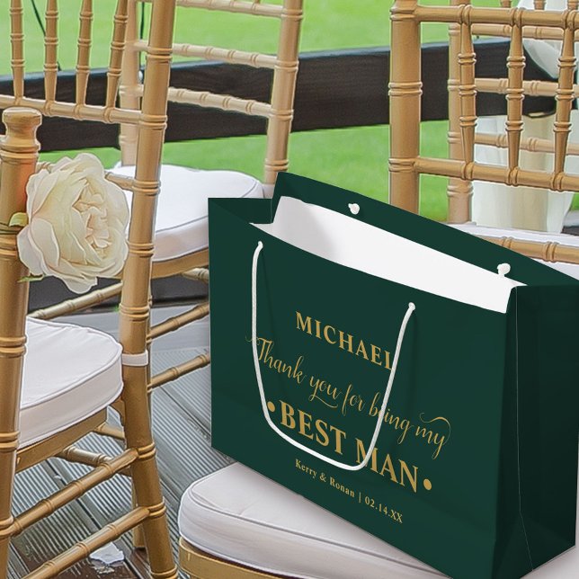 Bolsa De Regalo Grande Gracias al mejor hombre verde esmeralda personaliz (Emerald Green Wedding Thank You Gift Bag for Best Man)
