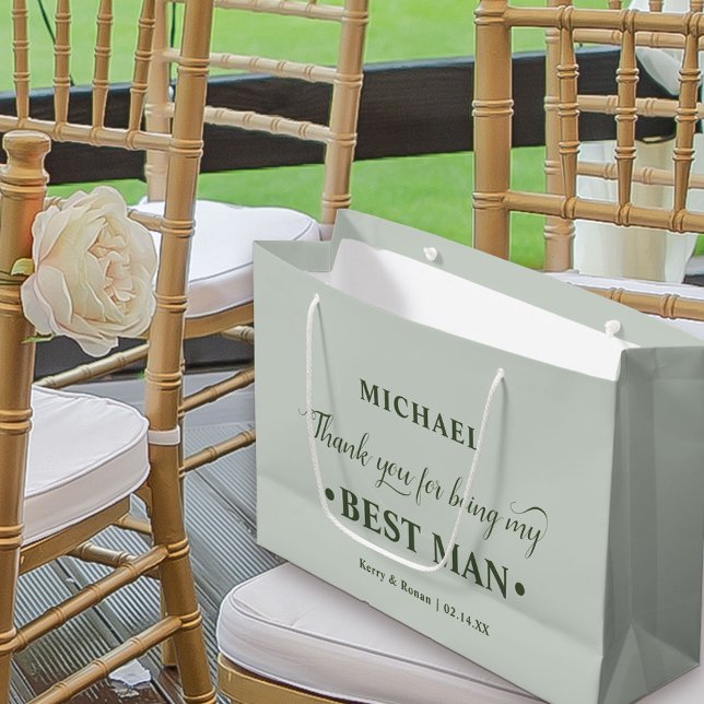 Bolsa De Regalo Grande Gracias al mejor hombre verde personalizado (Sage Green Wedding Thank You Gift Bag for Best Man)