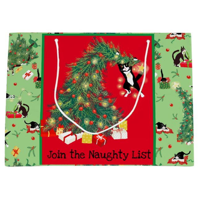 Bolsa De Regalo Grande Gracioso gato y árbol de Navidad Personalizado Ver (Anverso)