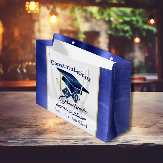 Bolsa De Regalo Grande Graduación Azul y oro personalizados (Graduation Personalized Blue & Gold Large Gift Bag)