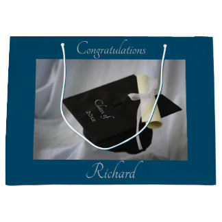 Bolsa De Regalo Grande Graduación Blue Cap & Diploma Personalizado