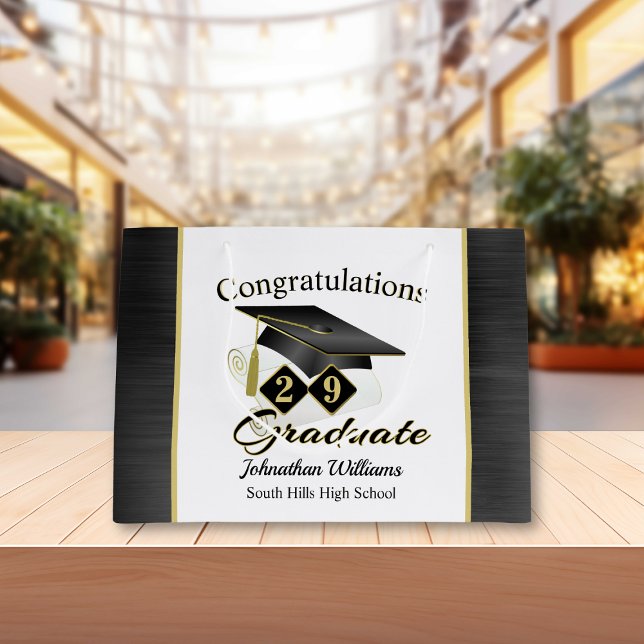 Bolsa De Regalo Grande Graduación Personalizada en Negro y Oro (Graduation Personalized Black & Gold Large Gift Bag)