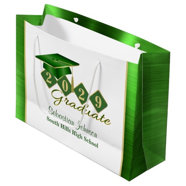 Bolsa De Regalo Grande Graduación Verde y Oro Personalizados (Angulo Anverso)