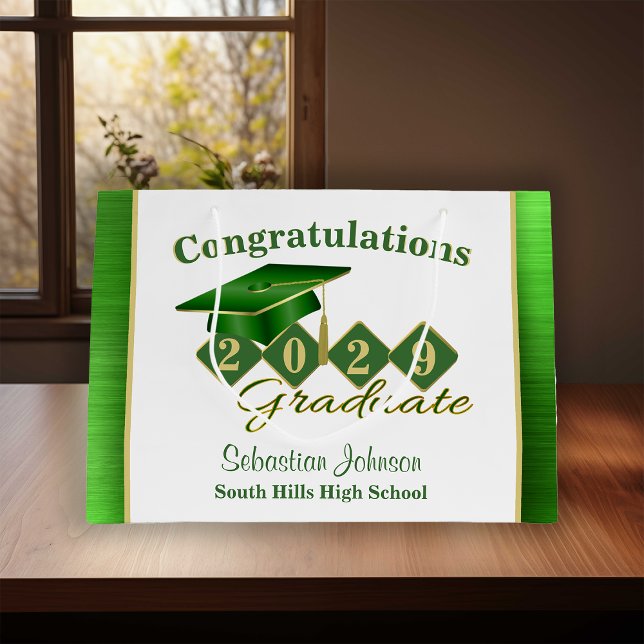 Bolsa De Regalo Grande Graduación Verde y Oro Personalizados (Graduation Personalized Green & Gold Large Gift Bag)