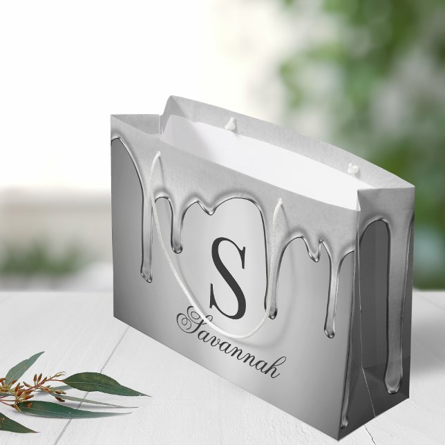 Bolsa De Regalo Grande Grandes gotas cromadas plateadas Monograma Metaliz (Large Silver Chrome Drips Liquid Metal Monogram Large Gift Bag)